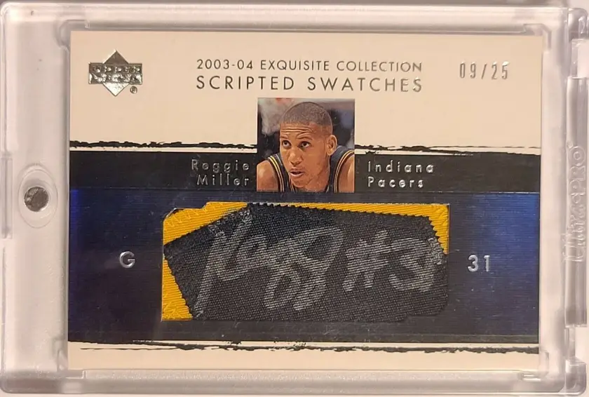 2003 UD Exquisite Basketball Scripted Swatches Reggie Miller Auto