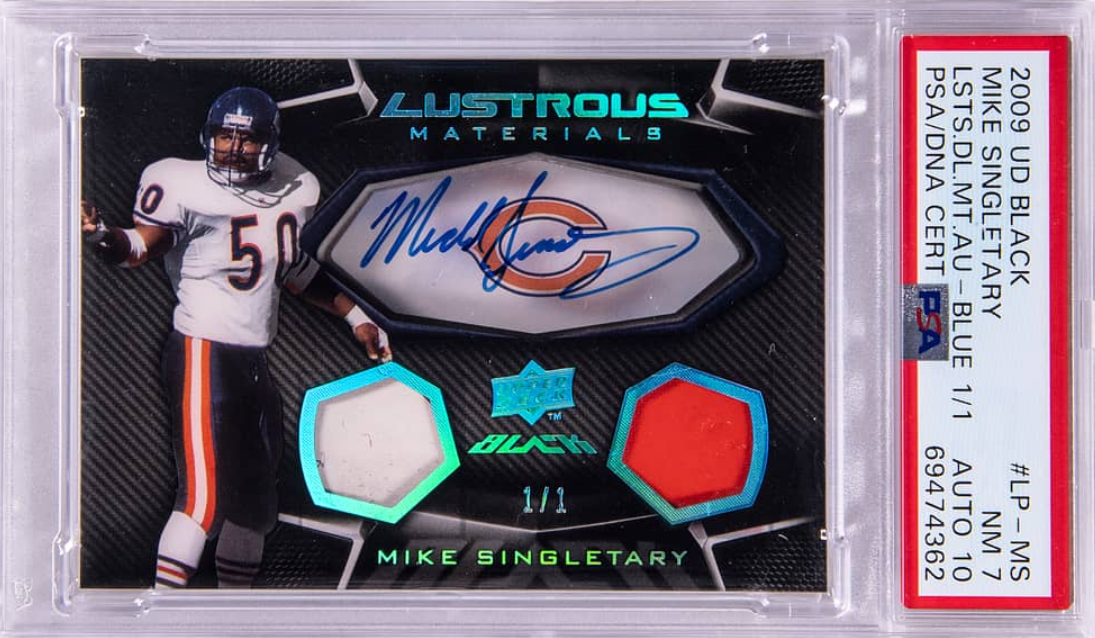 2009 Upper Deck Black Lustrous Dual Materials Autograph Blue Mike Singletary Signed Relic Card 