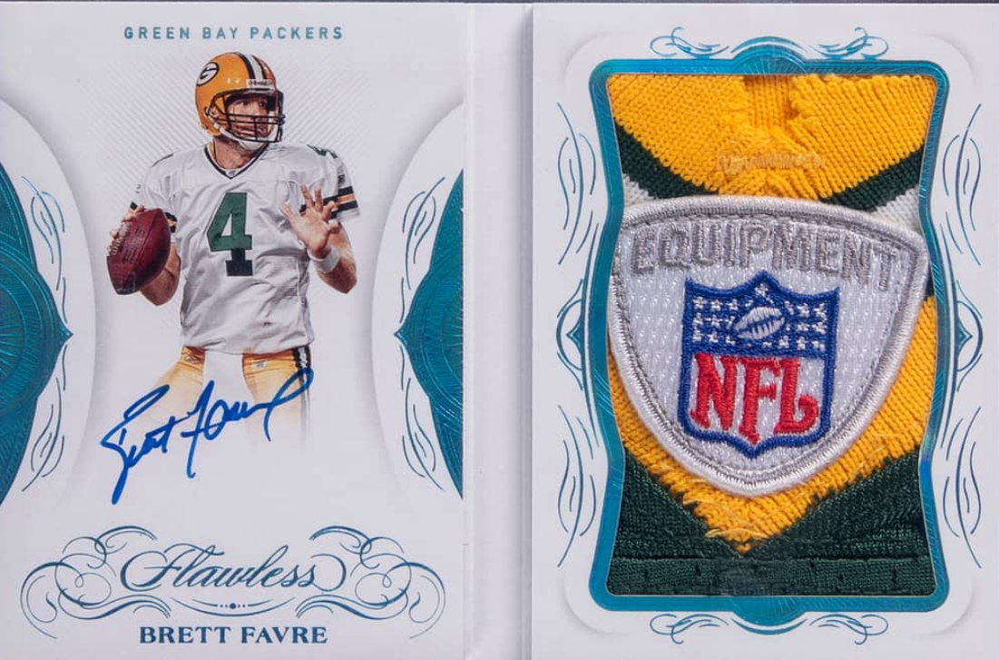 2019 Panini Flawless Veteran Booklet Material Autographs Shield Brett Favre Signed NFL Shield Patch Booklet