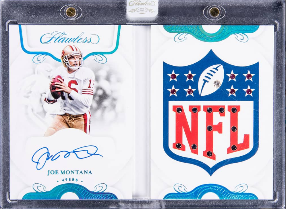 2020 Panini Flawless Signature Gems Platinum Joe Montana Signed NFL Shield Relic Booklet Rookie Card