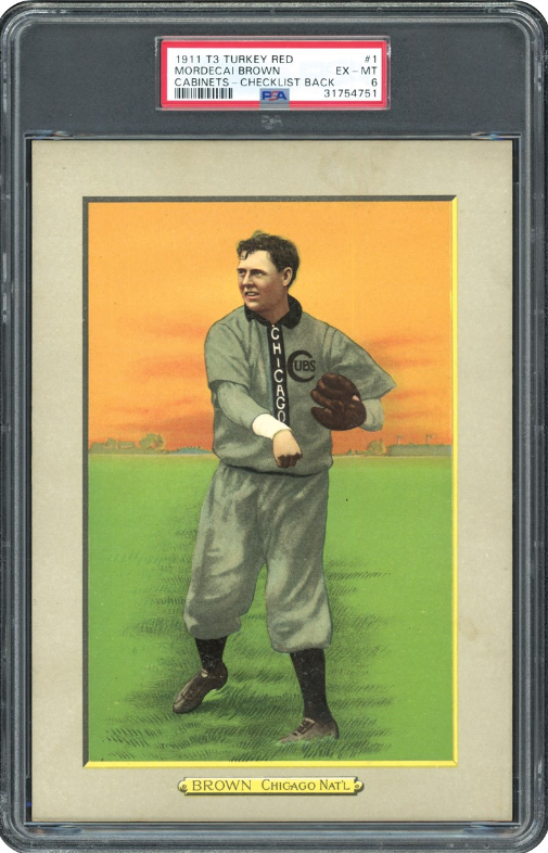 1911 T3 Turkey Red Cabinets Mordecai Brown Checklist Back Rookie Card